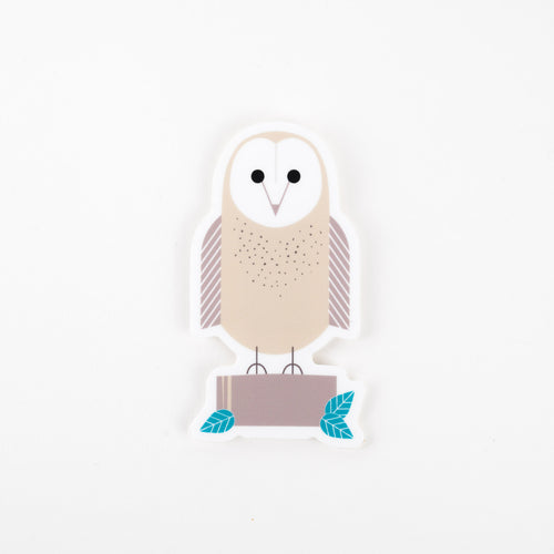 A sticker depicting a modern owl with a beige body and blue and green details 