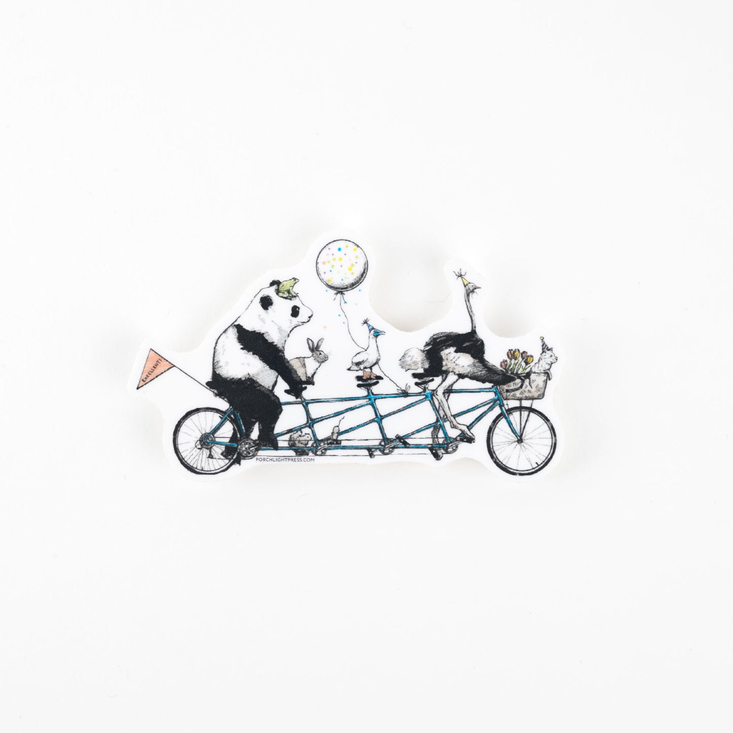 Panda, bunny, bird, ostrich and dog riding a tandem bicycle with balloons on a white background