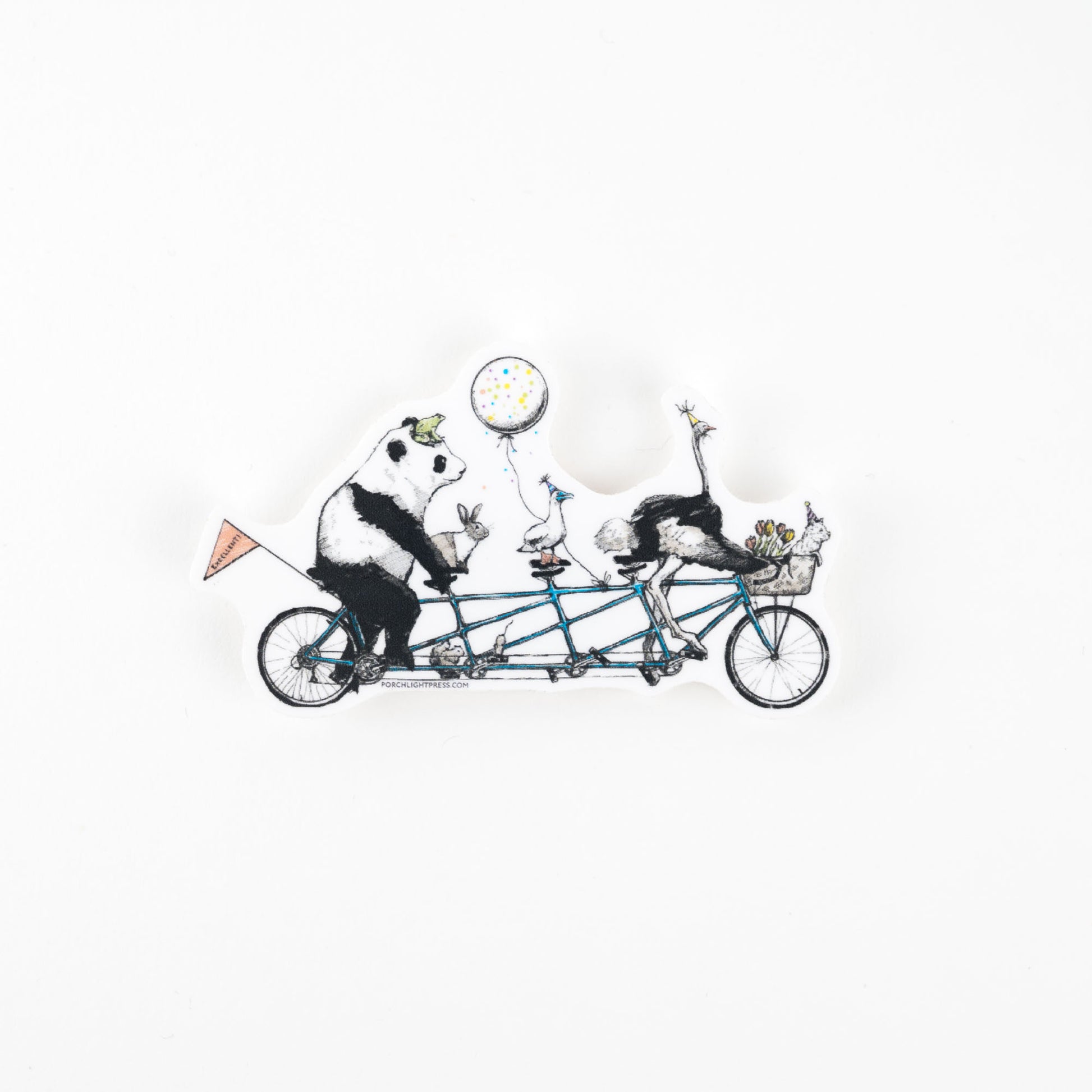 Panda, bunny, bird, ostrich and dog riding a tandem bicycle with balloons on a white background