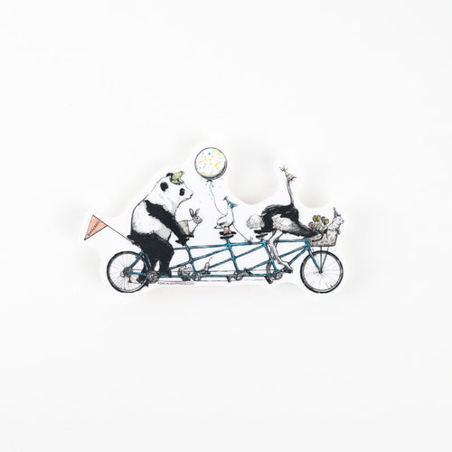 Panda, bunny, bird, ostrich and dog riding a tandem bicycle with balloons on a white background
