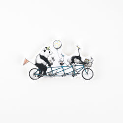 Panda, bunny, bird, ostrich and dog riding a tandem bicycle with balloons on a white background