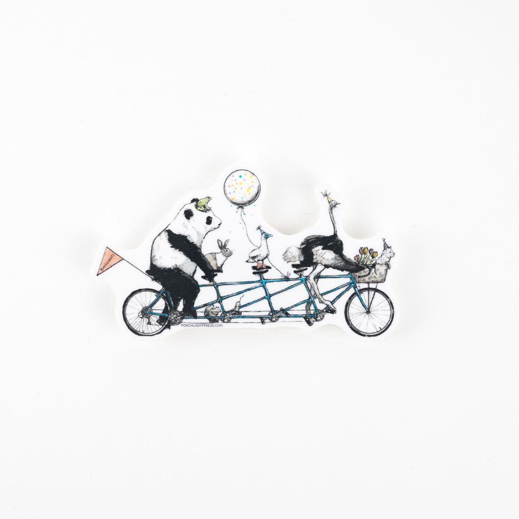 Panda, bunny, bird, ostrich and dog riding a tandem bicycle with balloons on a white background