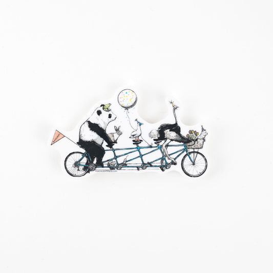Panda, bunny, bird, ostrich and dog riding a tandem bicycle with balloons on a white background