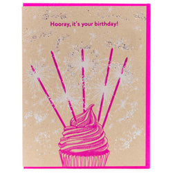 Card: Birthday Sparklers Cupcake - Letterpress Greeting Card