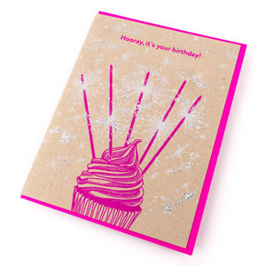 Card: Birthday Sparklers Cupcake - Letterpress Greeting Card