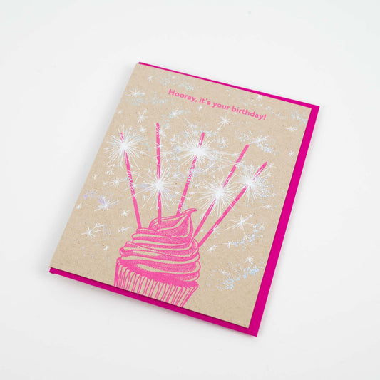Card: Birthday Sparklers Cupcake - Letterpress Greeting Card
