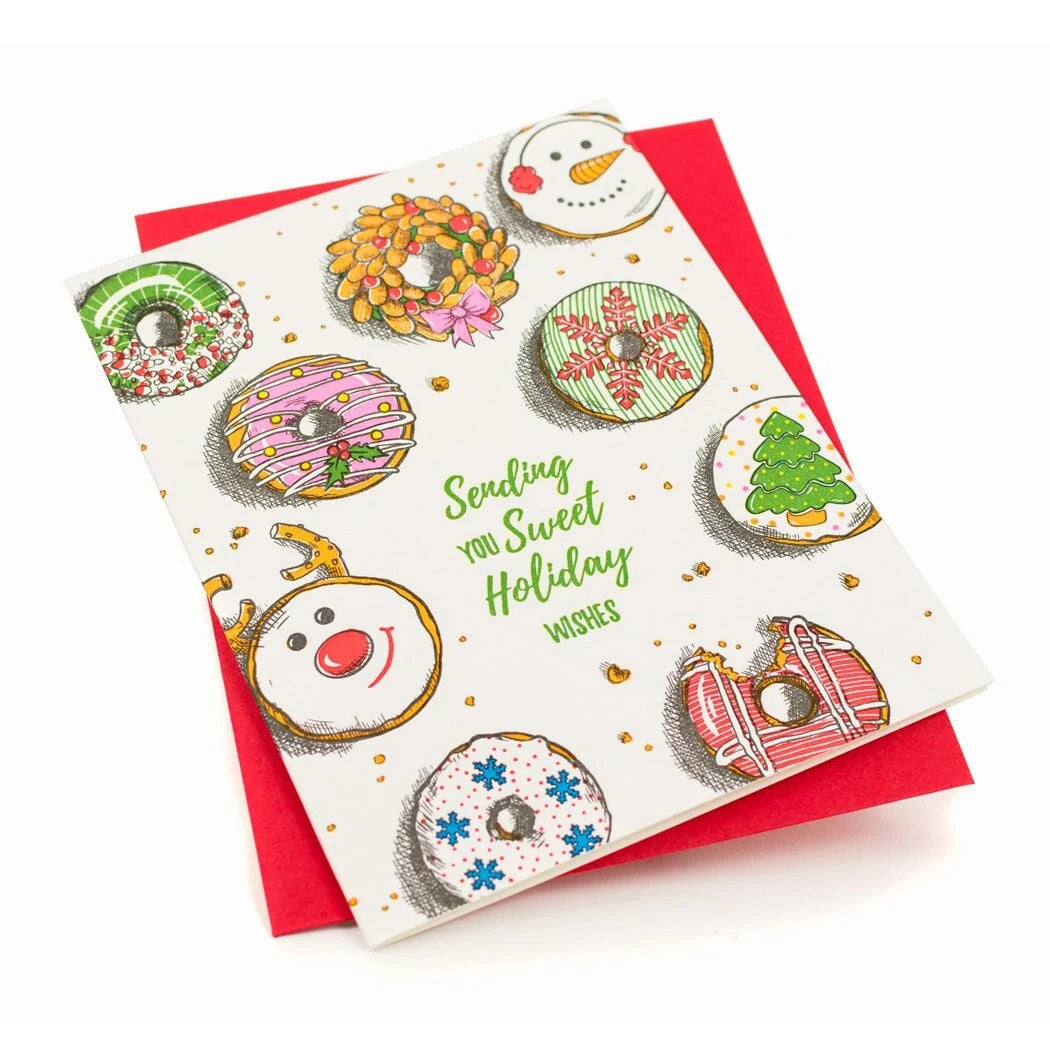 Card: Sweet Holiday Wishes Donuts - Letterpress Christmas Card
