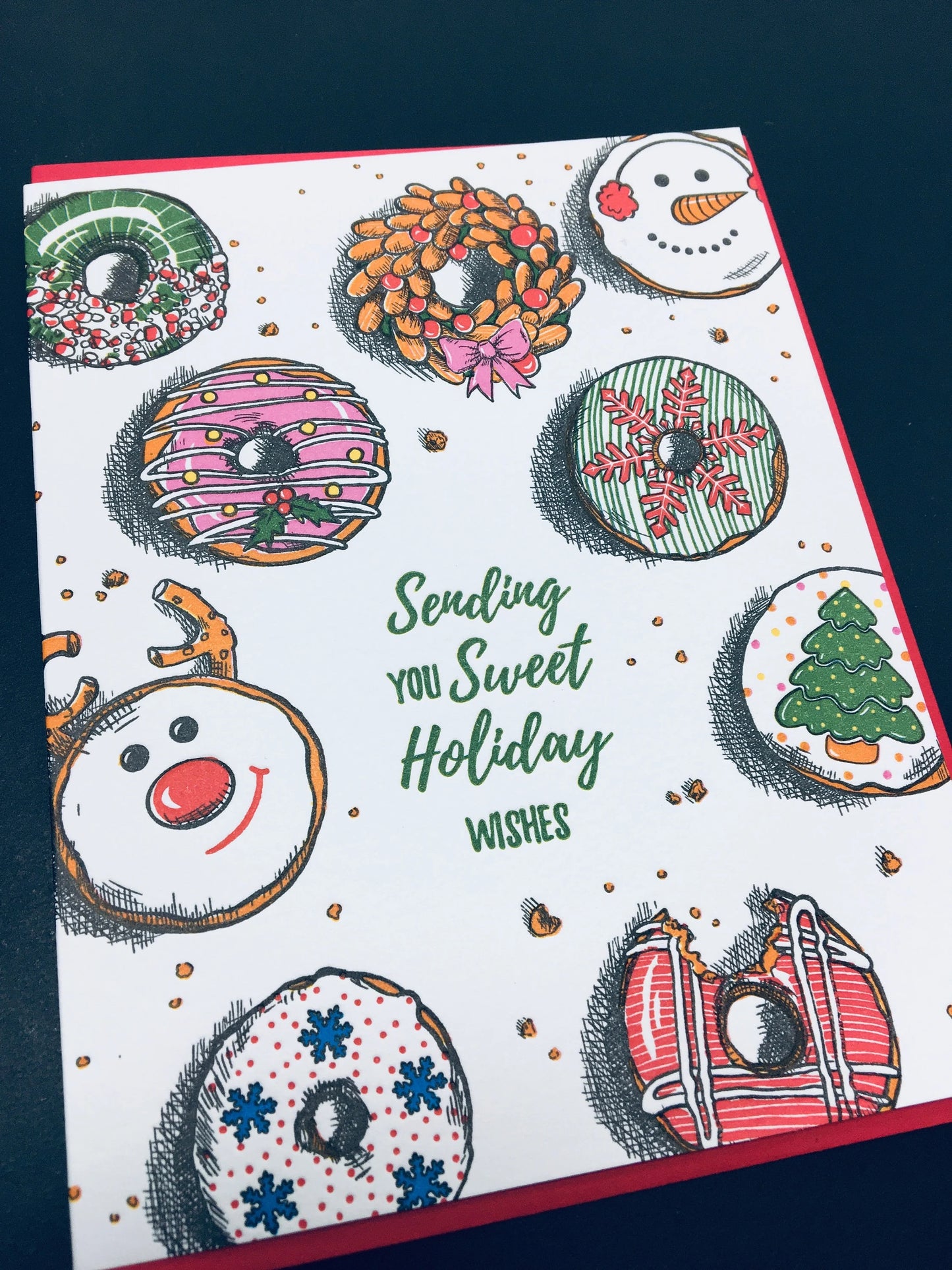 Card: Sweet Holiday Wishes Donuts - Letterpress Christmas Card