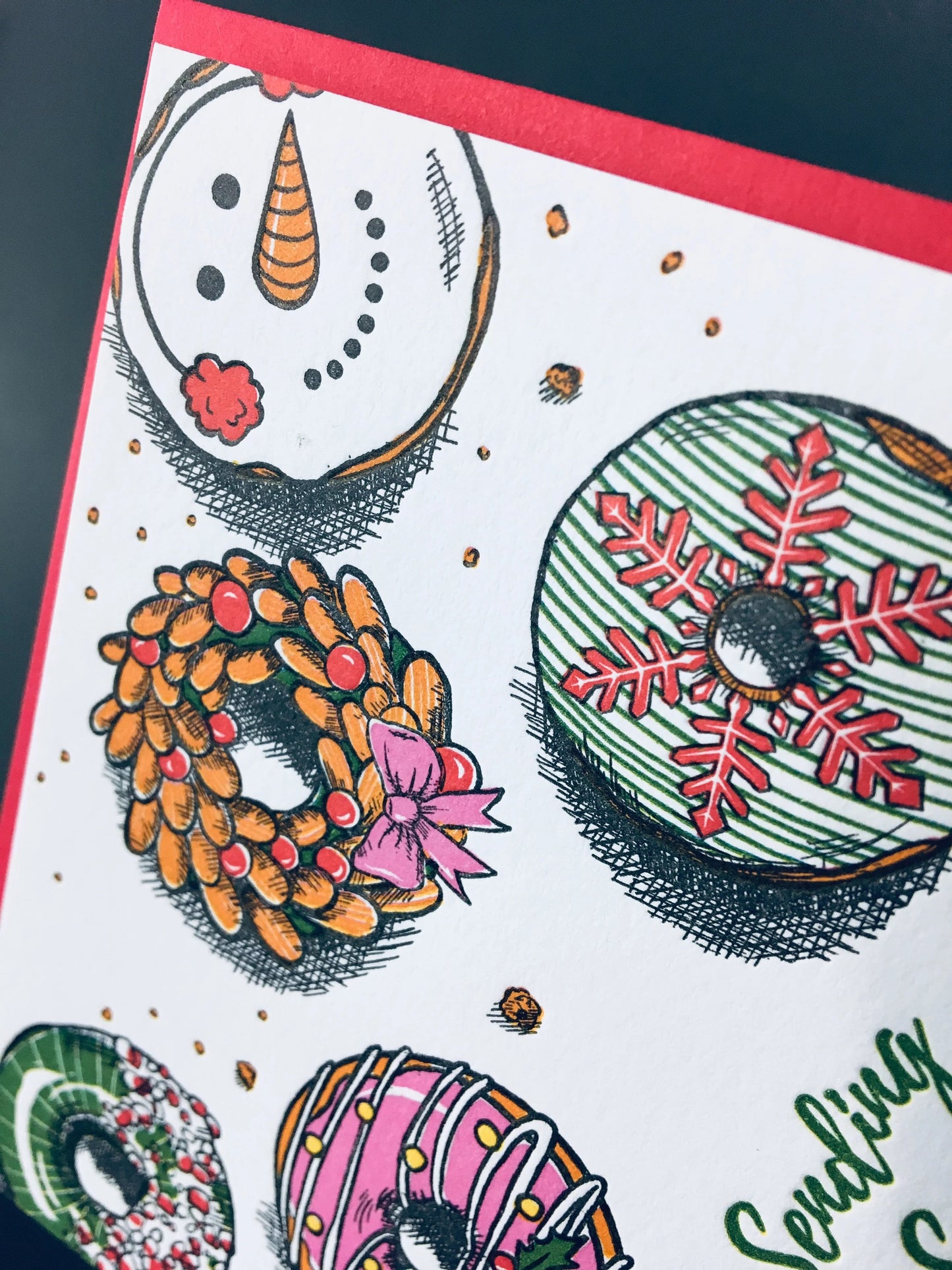 Card: Sweet Holiday Wishes Donuts - Letterpress Christmas Card