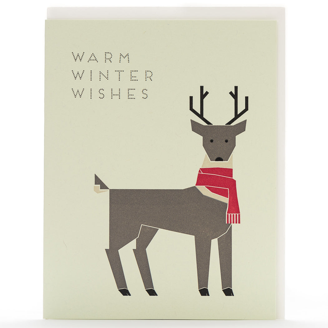 Card: Letterpress Greeting Card: Warm Winter Wishes Modern Deer